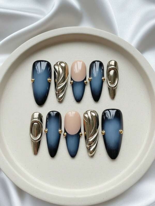 Change Your Nails! 10PCS Medium Long Almond Handmade Press On Nails - Nude & Blue-Black Gradient French Tip Nails With Ombre Design, Water Drop, Gold Line & Gold Bead 3D Accents; Removable Reusable Nail Set (Nail Glue & Nail File Included) - Perfect For Daily Wear & Party