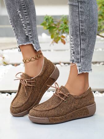 Women's Classic Casual Lightweight Breathable Comfortable Slip-On Shoes, Versatile For Daily Commute, Vacation, Shopping, Featuring Suede Patchwork Design, Wedge Heel, Thick Sole, Brown