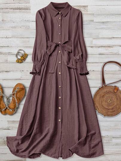 Women's Popular Crinkle Comfortable Linen Maxi Shirt Dress, Casual Turndown Collar Button Belt Cuff Long Shirt Dress