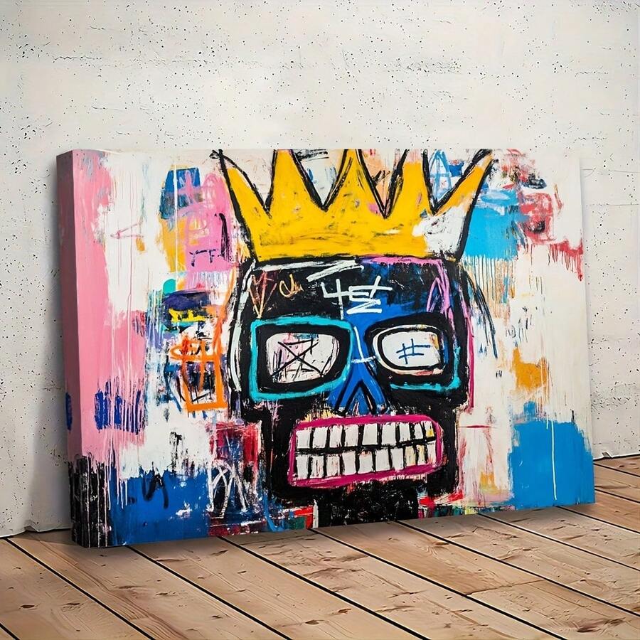 2D Flat, 2D Flat Jean-Michel Basquiat Canvas Wall Art - 11.8"X15.7" Frameless, Ready To Hang, Bold Graffiti-Style Portrait With Pink And Blue Accents, Modern Decor For Bedroom & Living Room, - 彩色 - 查看 1