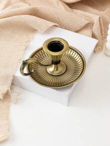 Vintage Neo-Classical Antique Bronze Candlestick | Curved Handle * Radiant Tray Designed To "Catch Wax Drips", Aged Bronze Texture With Patina, Radiant Lines On The Body Like Solidified Sunlight, Elegant Curved Handle - Multicolor - View 7