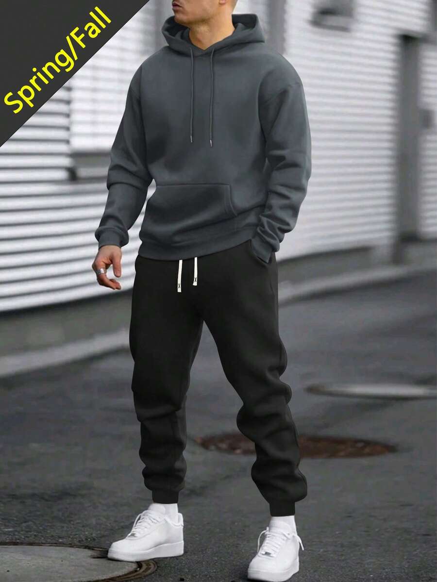 男士轻薄连帽衫和运动裤套装，纯色基础款，时尚休闲装，带口袋和抽绳腰带，适合春秋季穿着，是送给丈夫/男友的绝佳礼物，适合日常穿着、通勤、户外活动和度假。 - 黑色 - 查看 1