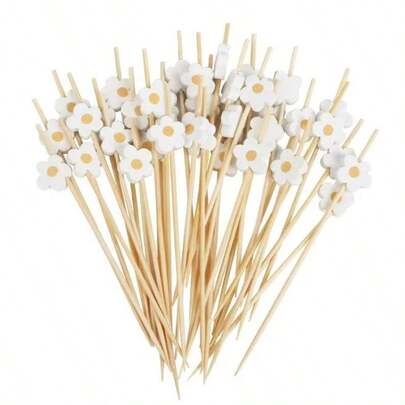 200/100/80/50/30/20 piezas Palillos de bambú blancos con forma de crisantemo para decorar frutas, pinchos de alimentos, tenedores para frutas, palitos de bambú resistentes y elegantes, adecuados para fiestas, cumpleaños, decoración de bodas, picnics en casa, clubes, frutas, cupcakes, hamburguesas, aperitivos a la parrilla