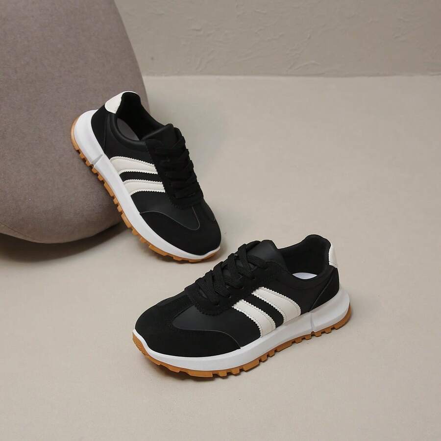 1 Pair Elegant Casual Preppy Fashion PU Leather Lace-Up Sneakers, Suitable For School, Party, Office, Outdoor, All Seasons - Black - View 1