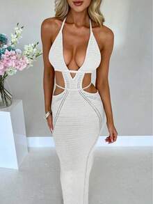 Vestido playero largo de punto calado, cubre con espalda abierta y tirantes cruzados, unicolor, perfecto para vacaciones de primavera/verano/otoño