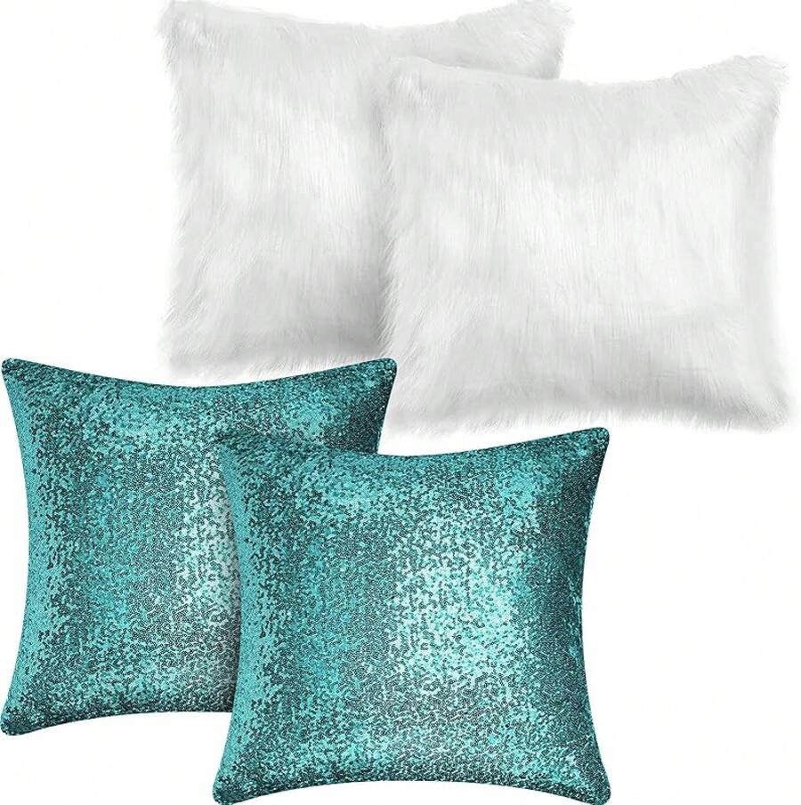4 Pcs Sequin And Fluffy Pillow Covers Winter Throw Pillow Cases Soft Cushion Cover Couch Bed Sofa (18 X 18 Inch, Pink, White) - 白色,湖藍色 - 查看 1