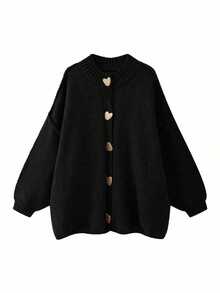 秋冬季女士大码宽松开衫毛衣，长款，时尚简约，商务休闲通勤优雅度假保暖高端百搭显瘦胜利日女士可爱上衣韩版 - 黑色 - 查看 4