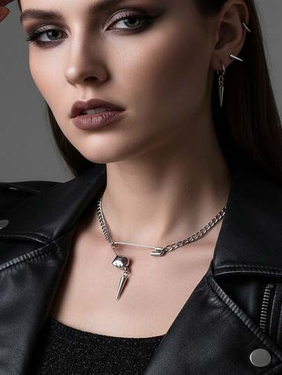 2 Pieces Minimalist Hip-Hop Cool Girl Hollow Pin Rivet Collarbone Chain Necklace Stainless Steel Willow Nail Earring Set, Suitable For Both Men And Women, Suitable For Music Festival Parties Daily Life,There Is Only One Earring