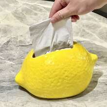 1pc Creative Realistic Ceramic Lemon Tissue Box | Nordic Style Vivid Fruit Texture 3D Lifelike Tissue Paper Holder, Home Decor, Housewarming Gift, Suitable For All Seasons - Multicolor - View 3