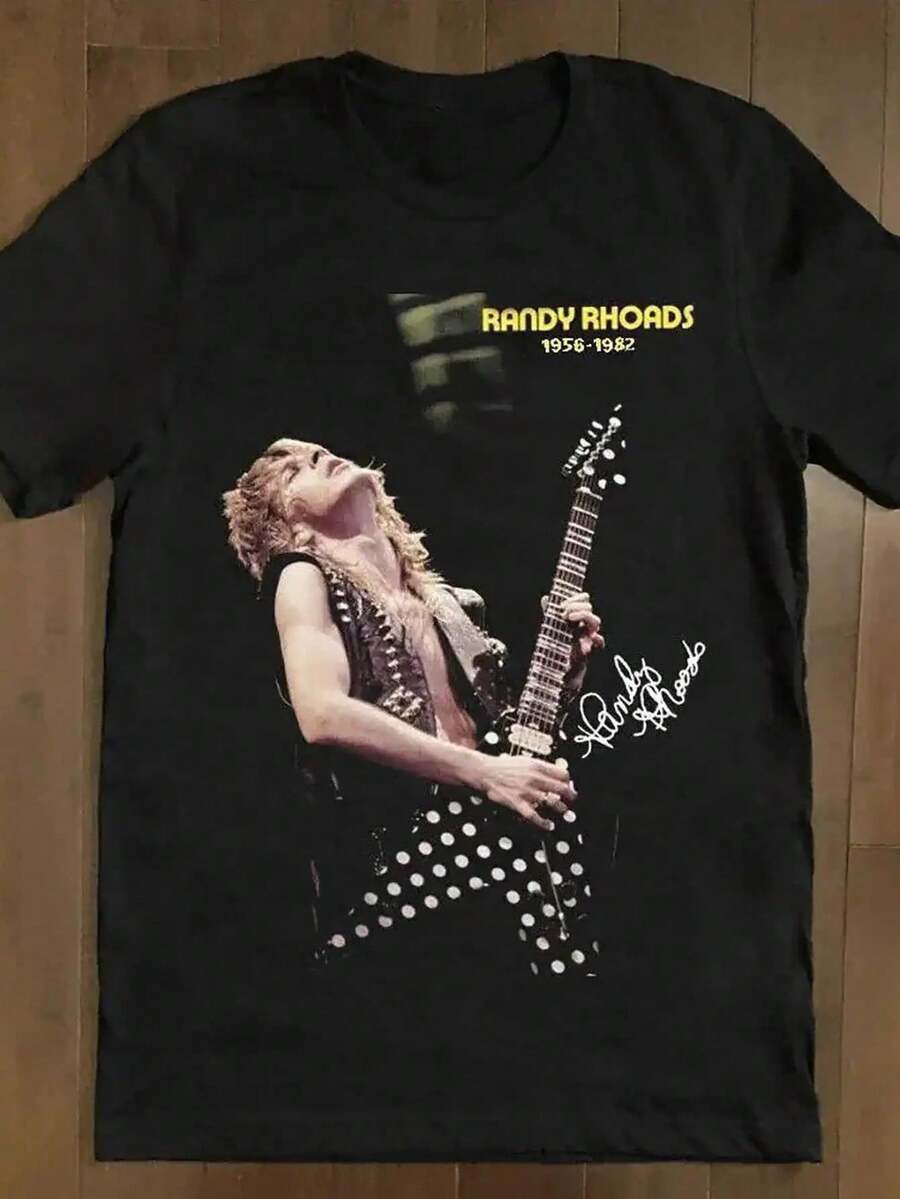 Randy Rhoads Commemorative Graphic T-Shirt For Men - Official Print Inspired By The Guitarist With Signature And Musical Design, Lightweight Comfort All-Weather Collectible Ideal For Music Lovers Perfect Gift For Fans (Tributes To Randy) Casual Round Neck Short Sleeve, Regular Wash Comfortable Fit.Large Size - Black - View 1
