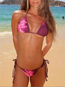 2 Piece Women Brazilian Bikini Set Halter String Triangle Tie Side Cheeky Thong Bathing Suit Swimwear - 紫色 - 查看 1