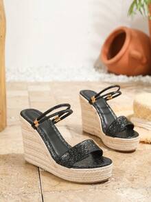 Women's Spring/Summer New Beach Vacation Casual Fashion Non-Slip Comfortable Round Toe High Heel Wedge Rope Thick Bottom Sandals - Black - View 6