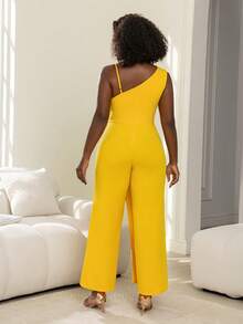 Plus Size Deep V-Neck Jumpsuit, Wide Leg Cut, Suitable For Casual Gatherings, Street Style And Daily Wear - Yellow - View 3