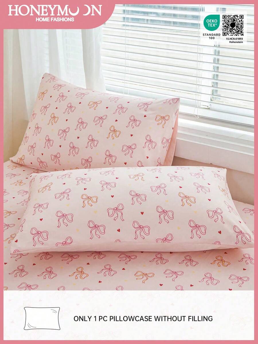 1pc Kawaii Romantic Pink Bowknot Heart Printed Pillowcase, Soft Fabric Pillowcase, Suitable For Home Bedding And School Bedding Dorm Essentials, Sofa Cushion Cover, Car Pillow Cover, All Seasons, Oeko-Tex Certified - Multicolor - View 1