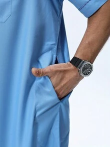 AL HARAMAIN Men's Stylish Light Blue Short Sleeve Robe, Featuring Elegant Buttons And Pockets, Blending Traditional And Designs For Unique Charm