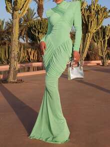 New High Neck Fitted Sexy Backless Solid Color Dress, Green, Elegant Dress Suitable For Party Wear Spring - Green - View 4