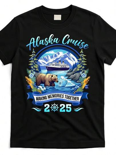 Camiseta gráfica vintage Cruisin' Together Alaska 2025 - 100% algodón 180gsm suave unisex con diseño de crucero en Alaska, vida silvestre y creando recuerdos juntos - cuello redondo transpirable de manga corta para hombres y jóvenes, ropa casual para todas las estaciones