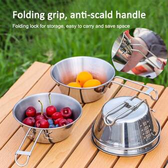 500毫升304不锈钢户外折叠碗，带收纳袋，露营野餐烹饪工具，迷你平底锅杯，烧烤登山露营便携式可加热炊具，带折叠手柄的不锈钢碗，野餐餐碗锅户外餐具