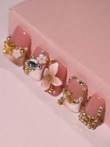 Gift Ready Luxury Handmade Long Square Press On Nails, 10Pcs Nude Pink Rhinestone, Butterfly Tips, Premium Gift Box, Hand Crafted Reusable Gel Nails, Perfect Valentine's Day, Birthday Gift Summer Easter - Follow Your Heart - 查看 4