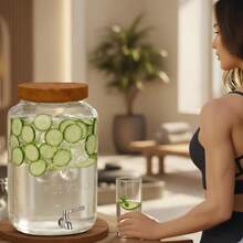 2 Gallon Glass Beverage Dispenser With Wooden Lid Large Square Mason Jar Drink Container With Stainl Steel Spigot Big Batch Iced Tea Lemonade Water Or Party Drinks - Nắp gỗ màu nâu - Xem 5