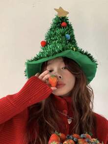1 pieza Sombrero de árbol de Navidad, Sombrero navideño de oropel verde para sesión de fotos, Sombrero navideño mágico de chenilla verde (el color de las bolas es aleatorio) - Multicolor - Ver 7