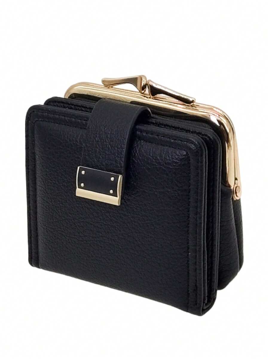 Women's Short Solid Black Soft PU Snap Closure Wallet Multifunctional Coin Purse Card Holder Minimalist Lightweight Compact Elegant Gift Suitable For Holidays For Women Wallet Mini Wallet Purse Wallet Small Wallet Card Wallet Coin Wallet - Black - View 1