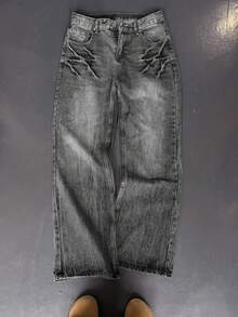 男士深蓝色做旧水洗宽松牛仔裤，复古超大款阔腿牛仔裤，质感粗犷，街头风 - 灰色 - 查看 1