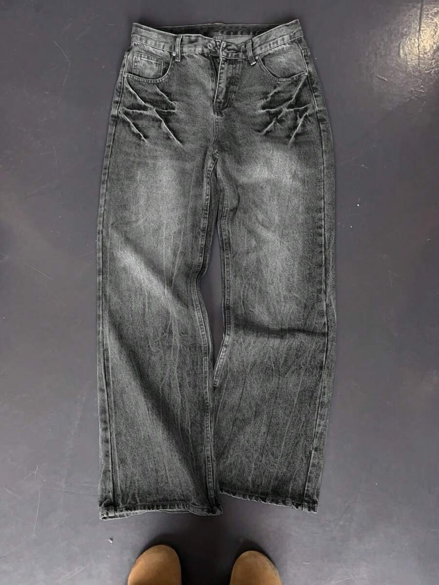 男士深蓝色做旧水洗宽松牛仔裤，复古超大款阔腿牛仔裤，质感粗犷，街头风 - 灰色 - 查看 1