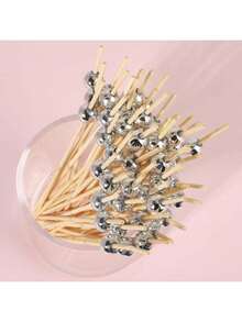 100pcs/10pcs Silver Disposable Bamboo Skewers, Round Bead Design, Suitable For Kitchen, Salad, Wedding, Party
