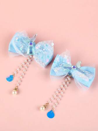 Set de 2 pinzas para el cabello con decoración de perlas y cola de sirena para niñas, adecuadas para uso diario, accesorios adorables para el cabello en fiestas y regalos de cumpleaños