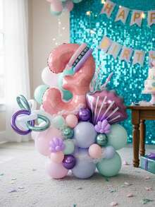 33件海洋主题生日气球套装，32英寸粉色0-9数字铝箔气球，贝壳形状，适合派对/一周岁生日装饰 - 款式3 - View 1