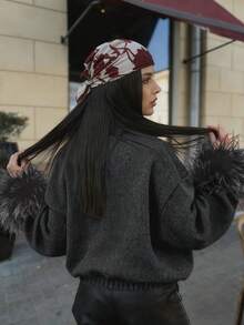 节日红色毛绒袖口休闲开衫，配金属纽扣，适合圣诞节、新年、节日穿着 - 灰色 - 查看 3