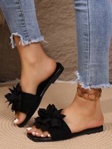 1 Pair Flat Open Toe Sandals, Summer Versatile Outdoor Fashion Slippers, Black, White Floral Decor, Size CN36-43 - Black - View 3