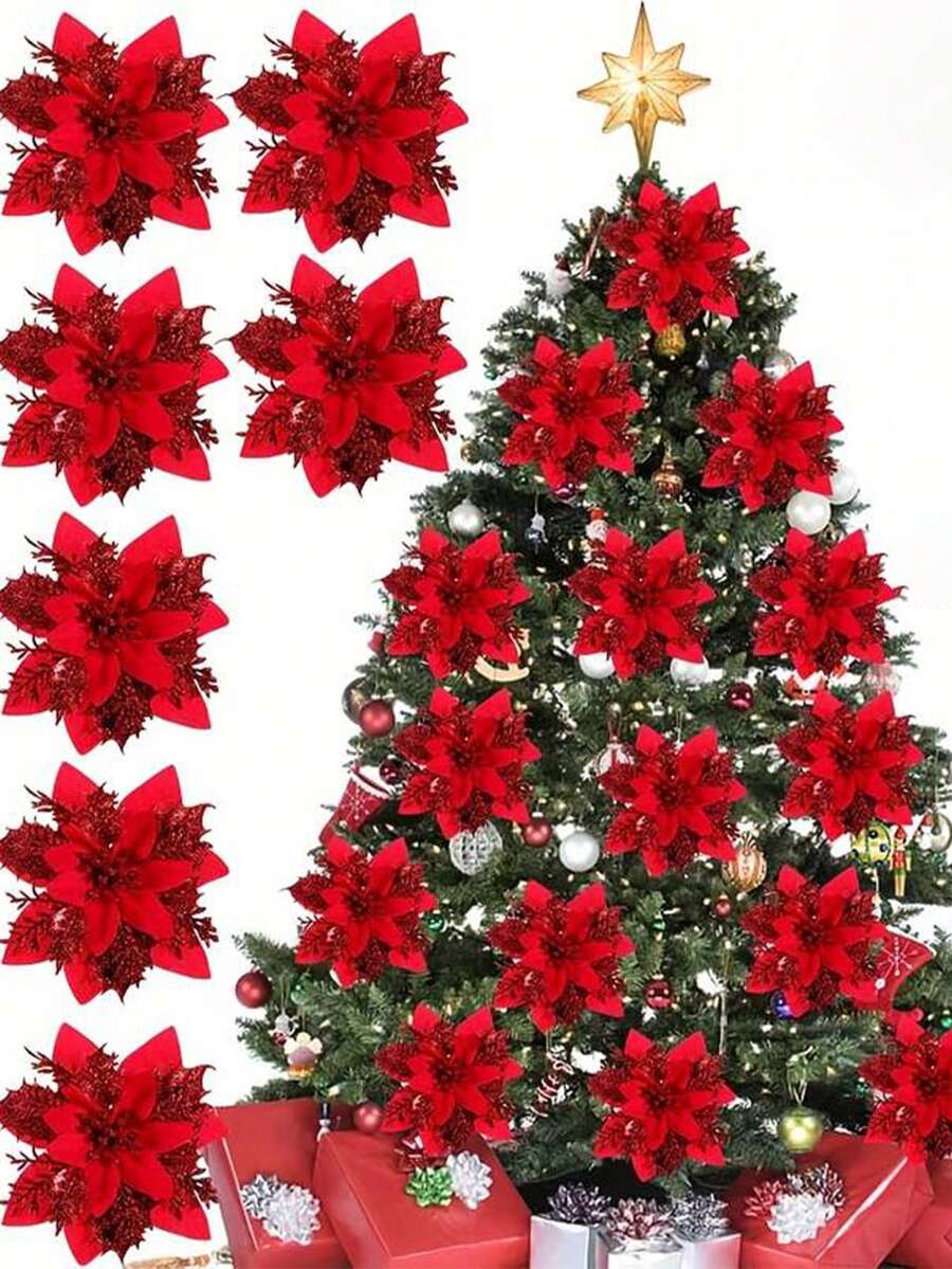 15pcs/Set Christmas Tree Flowers (5 Flowers + 5 Stems + 5 Clips) - No Power Needed, Easy To Hang, Durable Plastic Holiday Decor, Suitable For Christmas, Weddings, Parties Indoor/Outdoor Use, Elegant Floral Decoration, Home Decor, Reusable Decorations, Artificial Flowers, Christmas Decorations, Holiday Event Supplies, Special Occasion Gifts - Multicolor - View 1