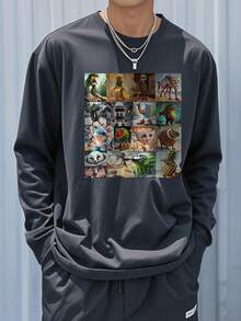 1件青少年男童休闲酷炫印花圆领长袖T恤，宽松版型，学生青少年服装，秋季款，正面印花