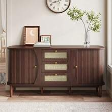 Sideboard, Rattan Chest Of Drawers, Chest Of Drawers With Sliding Doors, Adjustable Shelves And Rounded Top. - Natural Color - View 2