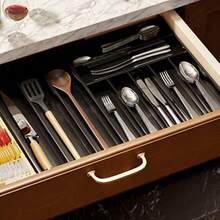 TFKI Bamboo Silverware Drawer Organizer With Labels Kitchen Utensil Expandable Tray Holder Organizer For Flatware Cutlery Spoon And Knives Drawer Storage Organization Black 10 Slots - Black - View 6