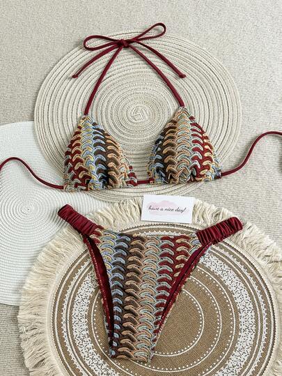 2pcs Women's Backless Tie-Up Geometric Mesh Texture Paired With Solid Color Bandage Bikini, Bohemian Style, Ibiza Holiday Summer Beach Swimwear, Sexy