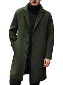 Coat Men Wool Single Breasted Notched Lapel Collar Pea Coat Winter F Warm Business Mid Long Outwear Overcoat - A01-黑色 - 查看 3