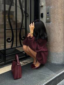 Áo len nữ dáng rộng cổ tròn, kiểu dáng tối giản, màu trơn, phong cách retro, hoàn hảo cho năm mới, Giáng sinh và Ngày Valentine. - Màu đỏ - Xem 10