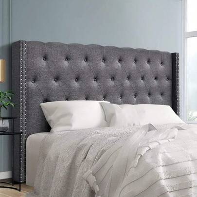 King Bed Headboard Headboards Wingback Tufted Beds Head Frame Base Upholstered With Grey Faux Linen Fabric Foam Wood 196cm X 120cm X 15cm