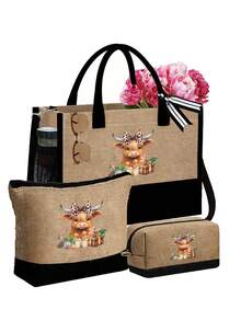 1/3pcs Orienthighland Cow Three Pieces Tote Bag, Happy Su'ge'lan Calf Pattern Dinner Bag, Fashionable Bag, Small Wallet, Highland Cow Pattern Leopard Bow, Large Capacity Handbag, Multi-Function Shoulder Bag, Handbag, Fashionable Travel Storage Bag, Toilet Bag, Perfect Holiday Gift, Birthday Gift, Christmas Gift, Autumn And Winter Gift,Valentine's Day Gifts - Multicolor - View 14