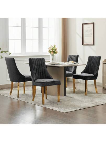 Flocked Chenille Rayon Dining Chairs, Com Tafel Kitchen Stoel Fabric Upholstery Goud Stainless Steel Legs, Set Of (Black). view 6