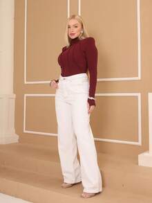 Women's Wide Leg Jeans, Marbled Pattern, Thick Premium Fabric, 100% Denim - Trắng Tắt - Xem 2