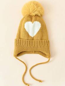 1 件婴儿保暖绒球护耳帽，心形提花针织帽，秋冬 - 1PC - 查看 8