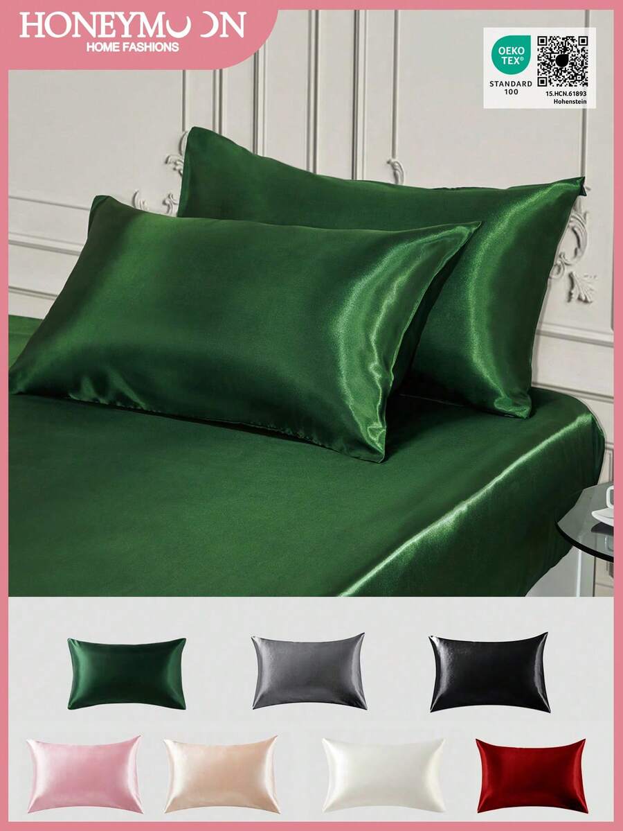2 piezas de funda de almohada de satén sedoso premium, suave y transpirable, sin arrugas, mejor para el cabello y la piel durante el sueño, fundas de almohada sin relleno, verde oscuro, certificado Oeko-Tex