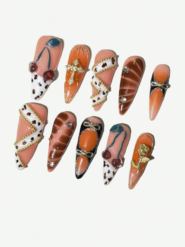 10 Stücke handgefertigte Stiletto-förmige Aufkleb-Nägel, Y2K INS Stil, 3D Kirschen, orangefarbener Farbverlauf, Wellen, Punkte, vergoldete Schleifen, Kreuze, Rosen Dekorationen, abnehmbar und wiederverwendbar, geeignet für Mädchen und Frauen für Alltag, Weihnachten, Valentinstag, Feiertage, Party Nageldekoration, mit Gelee-Kleber und Nagelfeile