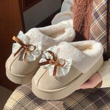 时尚简约毛绒拖鞋，2025秋冬新款蝴蝶结室内保暖内衬温暖舒适拖鞋，适合户外穿着 - 米色 - 查看 5