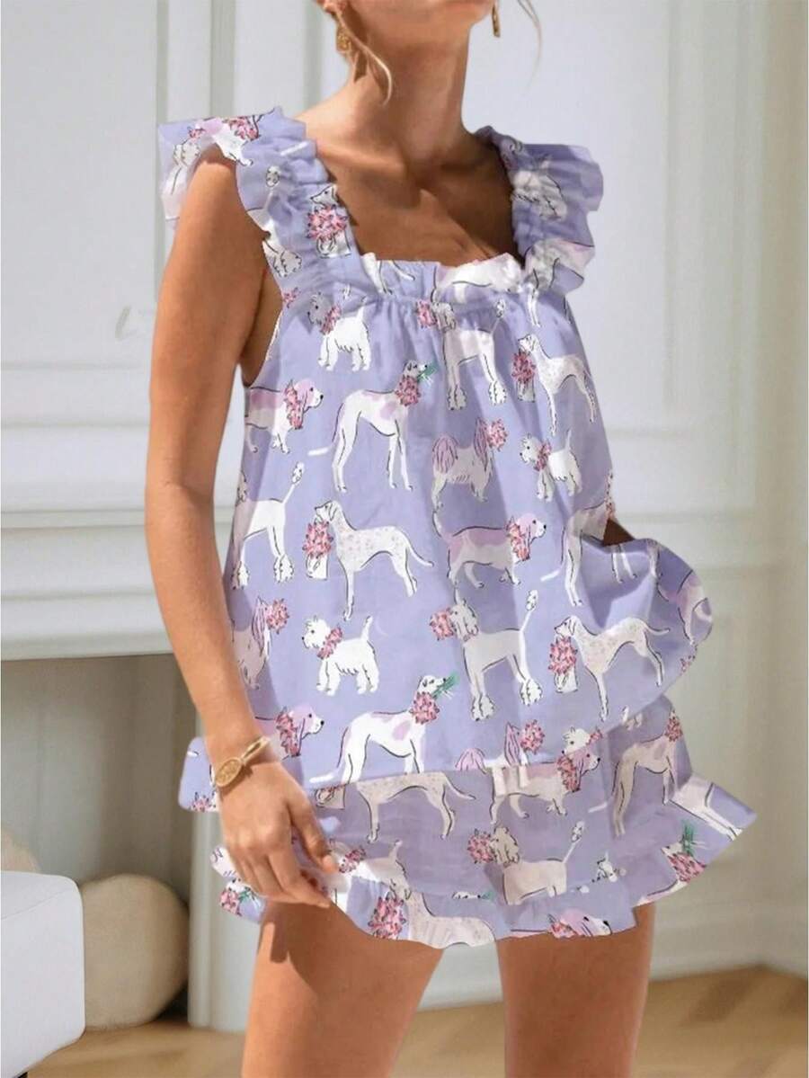 Womens Ruffle Pajamas Set 2 Piece Summer PJs Floral Pajama Ruffle Trim Cami Top And Shorts Lounge - Purple - View 1