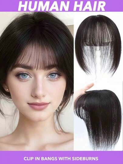 T-Shaped Human Hair Topper Wig Clip-In With Bangs - Human Hair Straight Topper For Women - Natural Black Clip-In Hair Extensions For Thinning Hair T-Part Coverage Daily Use Silky Smooth & Versatile Styling 8-10 Inch Natural Black